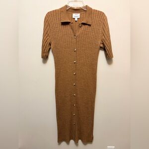 HUDSON NORTH Merino Wool Button Up Ribbed Midi Dress